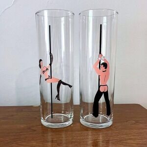 Vintage Libbey Risque Pole Dancer Zombie Glass Set 7" MCM Kitsch Burlesque EUC